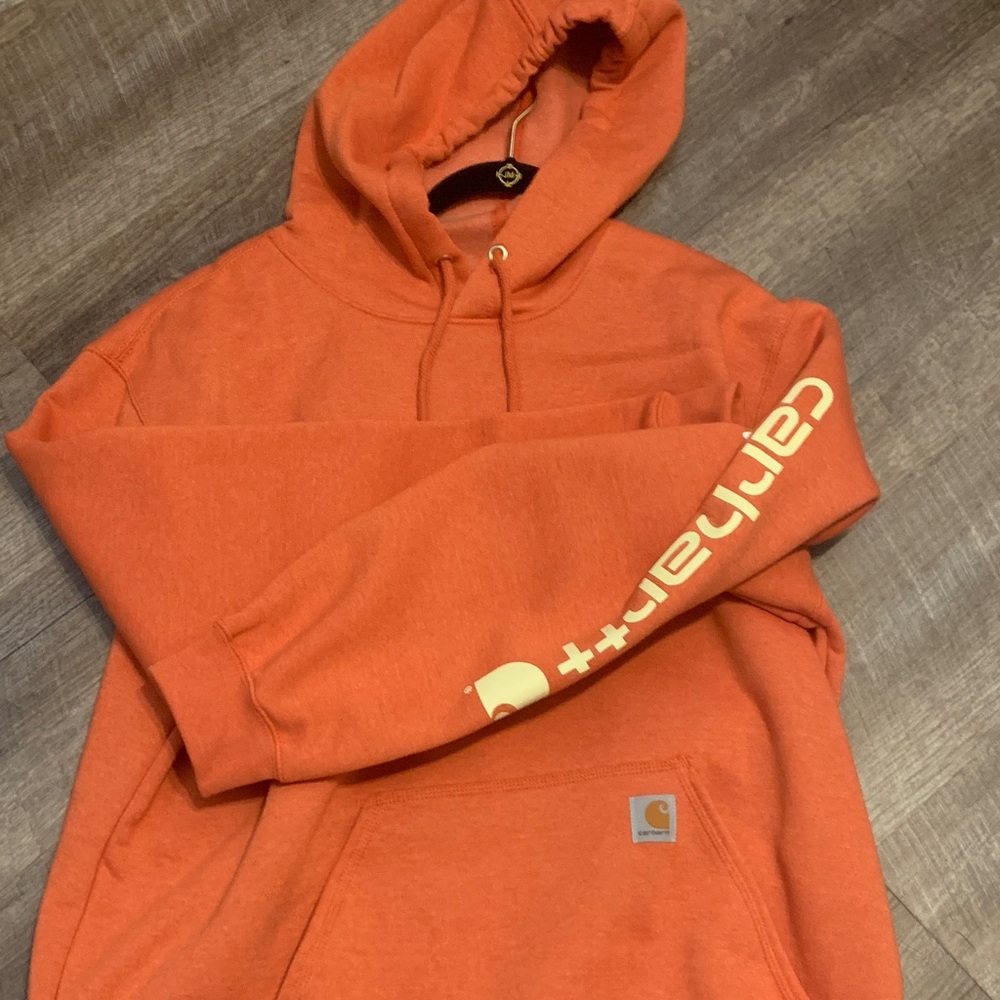 Carhartt Men's Orange Hoodie with Logo Sleeve
